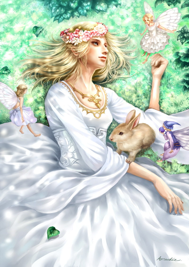 白いドレスの女性と妖精